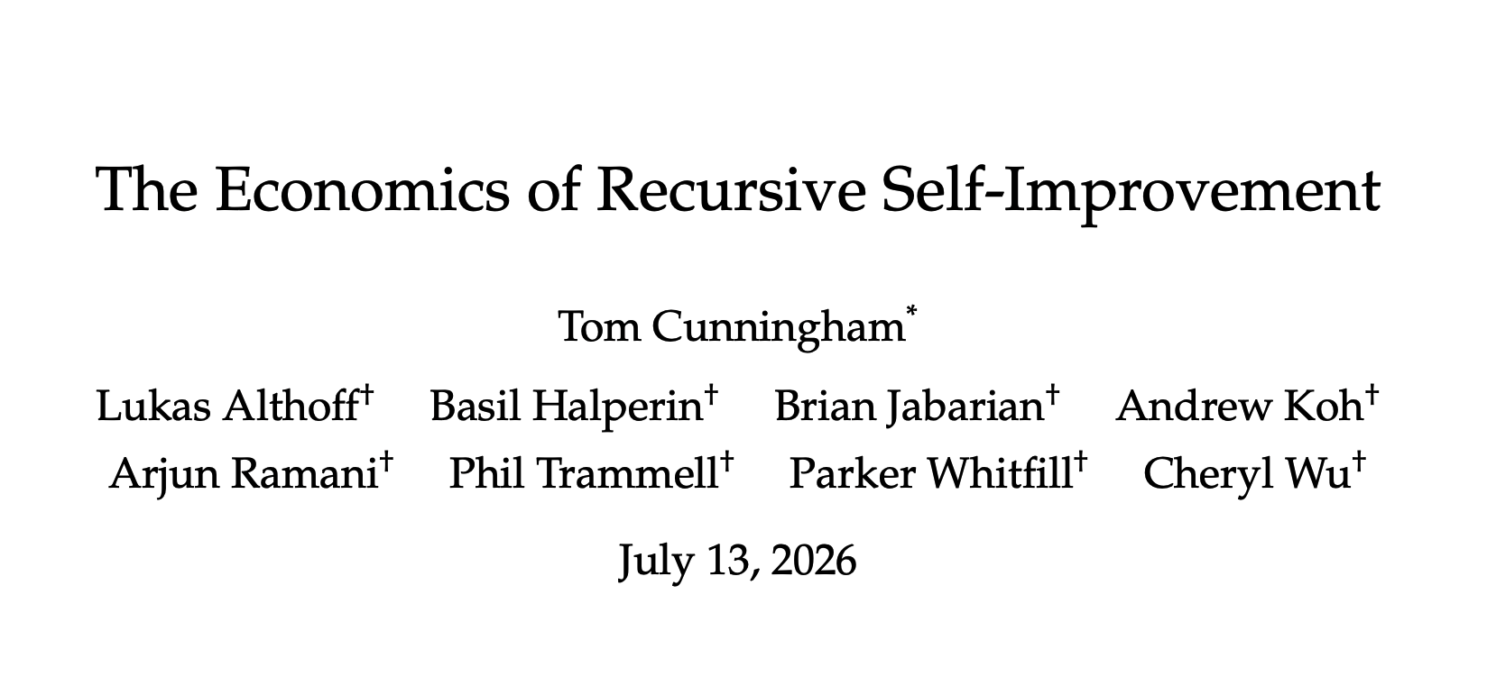 The Economics of Recursive Self-Improvement by Tom Cunningham and co-authors